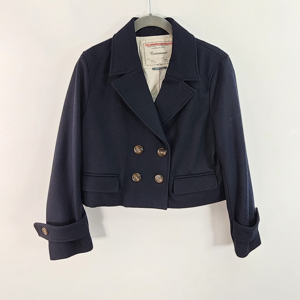 Anthropologie Cartonnier  Crop Blazer Jacket Women's S Dark Blue Wool Blend